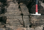 What type of metamorphic rock is shown here?   A)  slate B)  hornfels C)  greenstone D)  banded gneiss