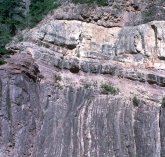 If the contact between the upper light-colored sedimentary layers and the lower dark-colored metamorphic rocks is a depositional contact, what type of feature is present?   A)  a surface representing missing geologic time B)  an angular unconformity C)  an ancient erosion surface D)  all of these