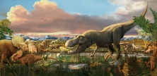 What time period is represented by this scene?   A)  Mesozoic B)  Cenozoic C)  Precambrian D)  Paleozoic