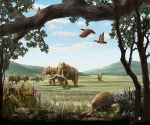 What time period is represented by this scene?   A)  Mesozoic B)  Cenozoic C)  Precambrian D)  Paleozoic