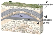 Which of the numbered features is the oldest?   A)  conglomerate 1)  B)  unconformity 2)  C)  shale layer 3)  D)  lower sedimentary units 4)  E)  formation of the fold 5) 