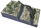 This figure shows two fault scarps, a lava flow, and erosion along one of the scarps. What is probably the oldest feature of those listed below?   A)  the scarp on the left B)  the scarp on the right C)  the lava flow D)  erosion of the scarp on the right