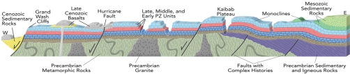 From this cross section of the Grand Canyon, what occurred between the formation of the Precambrian metamorphic rocks and the deposition of the lowest Paleozoic rocks?   A)  uplift B)  erosion C)  deposition and tilting of the Precambrian sedimentary and igneous rocks D)  all of these E)  a and b only