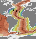 This figure shows ages of seafloor. Which pair of numbers likely has crust of similar age?   A)  1 and 2 B)  1 and 3 C)  2 and 3 D)  2 and 4 E)  3 and 4