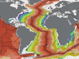 On the map shown, R has the youngest oceanic crust because:   A)  it is at a spreading center B)  it is at a passive margin C)  it is at a trench