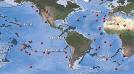 The red dots that coincide with volcanically active island chains shown on the map are called:   A)  hot spots B)  mid-ocean ridges C)  abyssal plains D)  island arcs