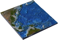 Which of the following letters marks the Bering Sea and Aleutian Islands off Alaska?   A)  A B)  B C)  C D)  D E)  E