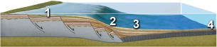 Which of these numbered features has the thinnest sediment?   A)  1 B)  2 C)  3 D)  4 E)  none of these