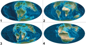 These globes show the position of the continents and ocean basins at various times in the past. Which of these represents the oldest time?   A)  1 B)  2 C)  3 D)  4