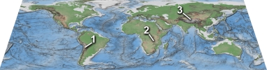 Which of these regions is high because of subduction of an oceanic plate?   A)  1, Andes of South America B)  2, East Africa C)  3, Tibet D)  none of these