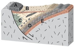 What is the timing of the basin shown in this figure?   A)  it was still forming during the eruption of volcanic unit A B)  it began forming during deposition of unit E C)  it began forming during deposition of unit D D)  both a and b E)  none of these