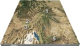 Which feature is interpreted to be in the Yellowstone region 1) ?   A)  a continental collision B)  a meteorite impact C)  a continental hot spot D)  a foreland basin
