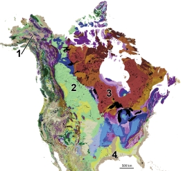 Which numbered area on this geologic map of North America consists of recently added tectonic terranes?   A)  1, southern Alaska B)  2, continental platform of west-central Canada C)  3, continental shield of eastern Canada D)  4, coastal plain along the Gulf Coast of the U.S.