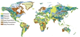 Which interpretation of the image is correct?   A)  Different parts of the continents are of different ages. B)  Each continent was formed during one specific time period. C)  Individual continents are formed of only one age of rock. D)  The continents have different types of rocks exposed, but are all of the same age.