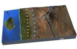 How will future tectonic events change the thickness of the crust?   A)  it will thin the crust along the west coast and the east coast B)  it will thin the crust along the west coast and thicken the crust along the east coast C)  it will thicken the crust along the west coast and thin the crust along the east coast D)  it will thicken the crust along both the west and east coast