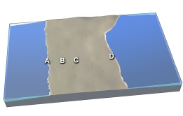 On the image below, what feature will be present in the future at site A?   A)  passive margin B)  trench and accretionary prism C)  volcanic mountain belt and nearby fold and thrust belt