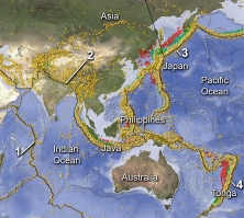 On this map of southeastern Asia and adjacent areas, which site would have earthquakes along a continental collision?   A)  1, in the Indian Ocean B)  2, in Tibet C)  3, near Japan D)  4, near the Tonga island arc