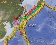 On this map of earthquakes near Japan, why do shallow earthquakes occur to the east and deeper earthquakes occur to the west?   A)  the continental crust is thicker to the east B)  the crust is hotter near Japan, closer to the volcanoes C)  there is a continental collision to the east D)  the subduction zone dips to the west