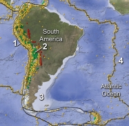 On this map of South America and adjacent areas, which site would have earthquakes along a subduction zone?   A)  1, the oceanic trench B)  2, below the magmatic belt C)  3, along a passive margin D)  4, in the middle of the Atlantic Ocean E)  both 1 and 2