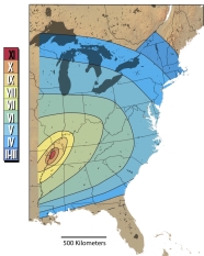 The Modified Mercalli Intensity rating map on the right shows intensity values that range from more than X to less than III. What does this map show?   A)  this earthquake had a Richter magnitude of 10 or 11 near the source B)  this earthquake had a Richter magnitude of 3 or 6 along the East Coast C)  the earthquake was not felt in southern Florida D)  shaking was felt only very near to the earthquake E)  building damage occurred in all of the zones that are shaded on this map