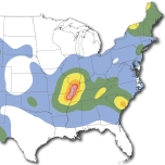The shaded areas on this map have significant earthquake risks because:   A)  the area is near an active plate boundary B)  the area is over a subduction zone C)  there are many active strike-slip faults D)  stress generated on far-off plate boundaries can reactivate ancient faults