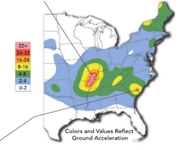 The image indicates that:   A)  two major zones exist for earthquake risk in the eastern United States B)  the risk for earthquakes in extreme southeast Missouri is very low C)  the eastern United States is under no risk for earthquakes D)  Florida has the highest risk for earthquakes along the east coast