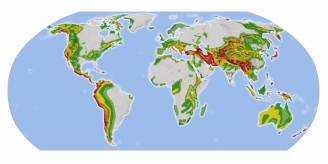 In the map to the right, areas of significant earthquake risk are shaded. Most high risk areas will be located:   A)  next to the oceans B)  in mountainous areas C)  near a boundary between tectonic plates D)  near volcanoes E)  in the center of continents