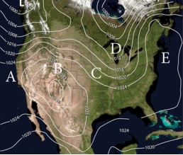 What location on this map best represents a trough of low pressure?   A)  A B)  B C)  C D)  D E)  E