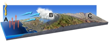 In this model of atmospheric water, why is location C a desert?   A)  the atmosphere cannot rise above the mountains that shadow the area B)  the actual shadow of clouds at B causes cold dry conditions at C C)  the shadow of the mountains keeps plants from growing at C D)  the water vapor sinking at A keeps point C dry E)  moist air is forced to rise and cool over the mountains, decreasing the amount of water vapor available to point C