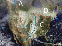 On this map, a cold front is located between letters:   A)  A and B B)  B and C C)  C and D D)  A and C E)  A and D
