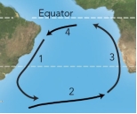 For these ocean currents in the South Atlantic, which of these currents is mostly likely to be a warm current?   A)  1 B)  2 C)  3 D)  both 1 and 3 E)  both 2 and 4