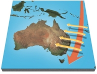 The east Australian current is shown by the sweeping arrow flowing south along the continents eastern shoreline. Winds blowing across this current onto land are shown as a series of westward arrows. These winds:   A)  are heated and make the eastern side of Australia arid B)  rise over the current and are unaffected C)  pick up moisture and then cause precipitation, allowing rain forests along the coast D)  release moisture and cool the current