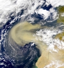 Dust storms, like the one shown in this satellite image near North Africa, can transport dust over maximum distances of:   A)  10 kilometers B)  50 to 90 kilometers C)  100 kilometers because of the Coriolis effect D)  several hundred kilometers E)  thousands of kilometers