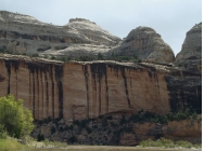 What desert feature is shown in this photograph?   A)  alluvial fan B)  playa C)  caliche D)  desert wash E)  natural stain