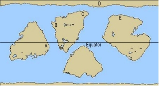 Which of the following areas would most likely be a rainforest?   A)  A B)  B C)  C D)  D E)  E