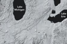 What is the origin of smooth troughs T on this figure)  cutting across the landscape in the Great Lakes area?   A)  the areas were covered by soft marine sediments B)  a huge flood coming from Iowa flowed toward the Great Lakes C)  glaciers carved the smooth troughs D)  all of these