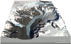 What type of glacier is shown in the center of this image?   A)  ribbon glacier B)  valley glacier C)  low-elevation glacier D)  high-elevation glacier