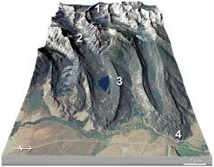 What is the feature numbered 4 in the lower right of this figure?   A)  cirque B)  U-shaped valley C)  lateral moraine D)  terminal moraine