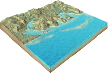 What geologic event is probably indicated by this irregular coast, with estuaries?   A)  a rise in sea level B)  a drop in sea level C)  erosion due to large tsunamis D)  the uplift of submarine canyons