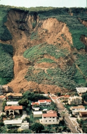 The landslide that destroyed La Conchita, as shown in this photograph, is probably:   A)  an example of creep B)  an earth flow C)  a rock fall D)  a rock avalanche