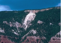Which of the following might indicate that slopes adjacent to this landslide might fail?   A)  they have the same steepness as the slope that failed B)  they appear to have a similar geology setting C)  one part of the slope has already failed D)  all of these