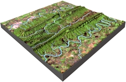 What is the mostly likely setting for this drainage pattern?   A)  the rocks have a relatively equal resistance to erosion B)  drainages have followed a series of fractures that branch off of one another C)  the area has folded or faulted rocks with different resistances to erosion D)  a volcano once existed here but has been partly eroded away