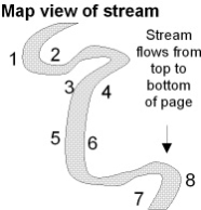 Where would be the relatively safest place to build a bridge across the stream in the accompanying figure?   A)  between points 1 and 2 B)  between points 3 and 4 C)  between points 5 and 6 D)  between points 7 and 8