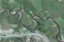 Which of the features on this aerial photograph is a point bar?   A)  A B)  B C)  C D)  D