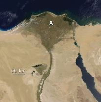 Feature A, formed where the Nile River encounters the Mediterranean Sea, is:   A)  a landslide B)  a series of waterfalls C)  a delta D)  all of these