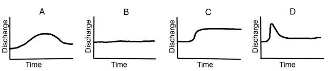 Which of these hydrographs shows a flash flood?   A)  A B)  B C)  C D)  D
