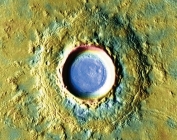 The colors in this thermal infrared image indicate:   A)  temperatures of the rocks B)  the presence of ice in the crater C)  the presence of water in the crater D)  the presence of methane in the crater