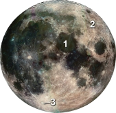 Which feature on Earth's moon is the oldest and consists of heavily crater, feldspar rich, igneous rock?   A)  1, the mare B)  2, lunar highlands C)  3, rayed crater D)  the polar ice caps