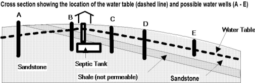 This cross section shows the location of a septic tank with harmful bacteria and 5 wells. Which well is least likely to become contaminated? A)  well A B)  well B C)  well C D)  well D E)  well E  