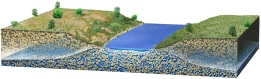 How would this stream interact with groundwater?   A)  groundwater would flow sideways into the stream, adding water B)  groundwater would flow upward, adding water to the stream C)  the stream would lose water to the groundwater D)  the groundwater and stream water would not interact